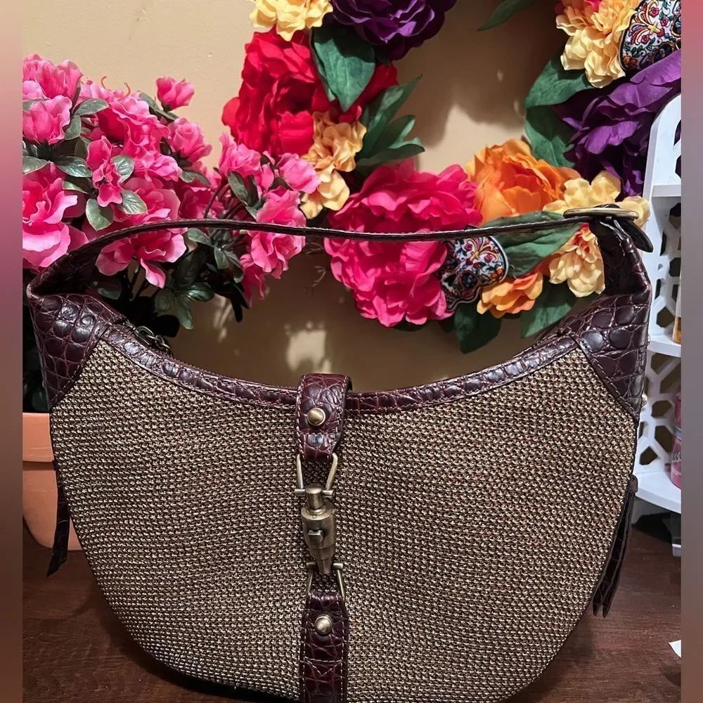 Eric Javits Handbag BrownCroc embossed Leather Push Lock Flap Zip Closure